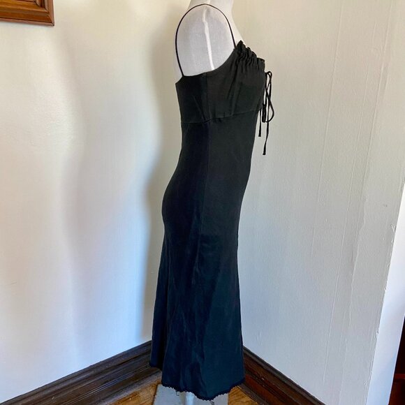 VTG 90s 2000 y2k Black Maxi Midi 100% Linen Milk Maid Dress Potrait Tie Sun Med - Picture 8 of 15
